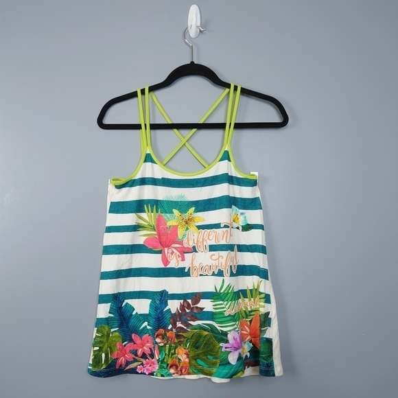 Desigual Multi-Colored Floral/Striped Strappy Back Tank Top Size Small - Picture 5 of 9